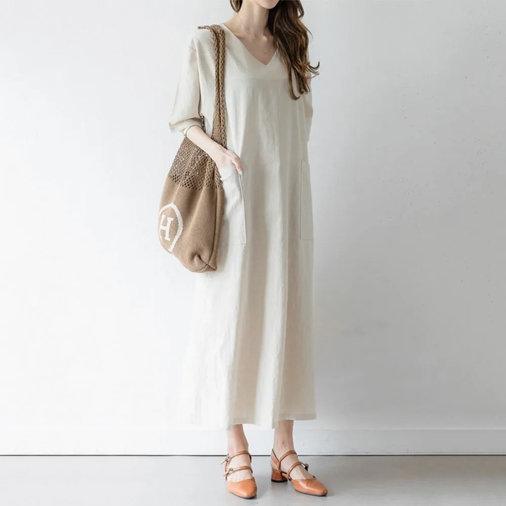 Женское повседневное офисное платье макси в японском стиле хлопковое льняное