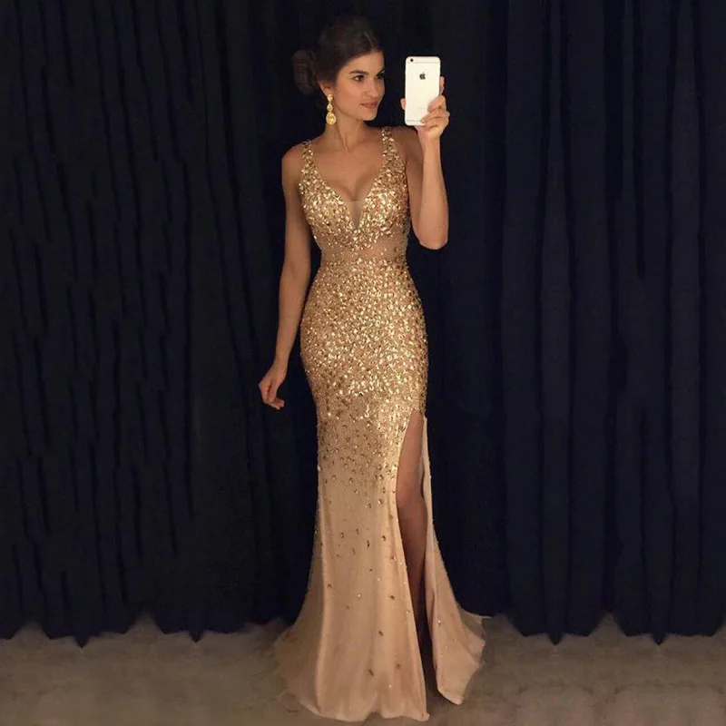 

Women Long Sequin Evening Party Dresses High Split Floor Length Prom Dress Sexy V Neck Sleeveless Sweep Train Gowns