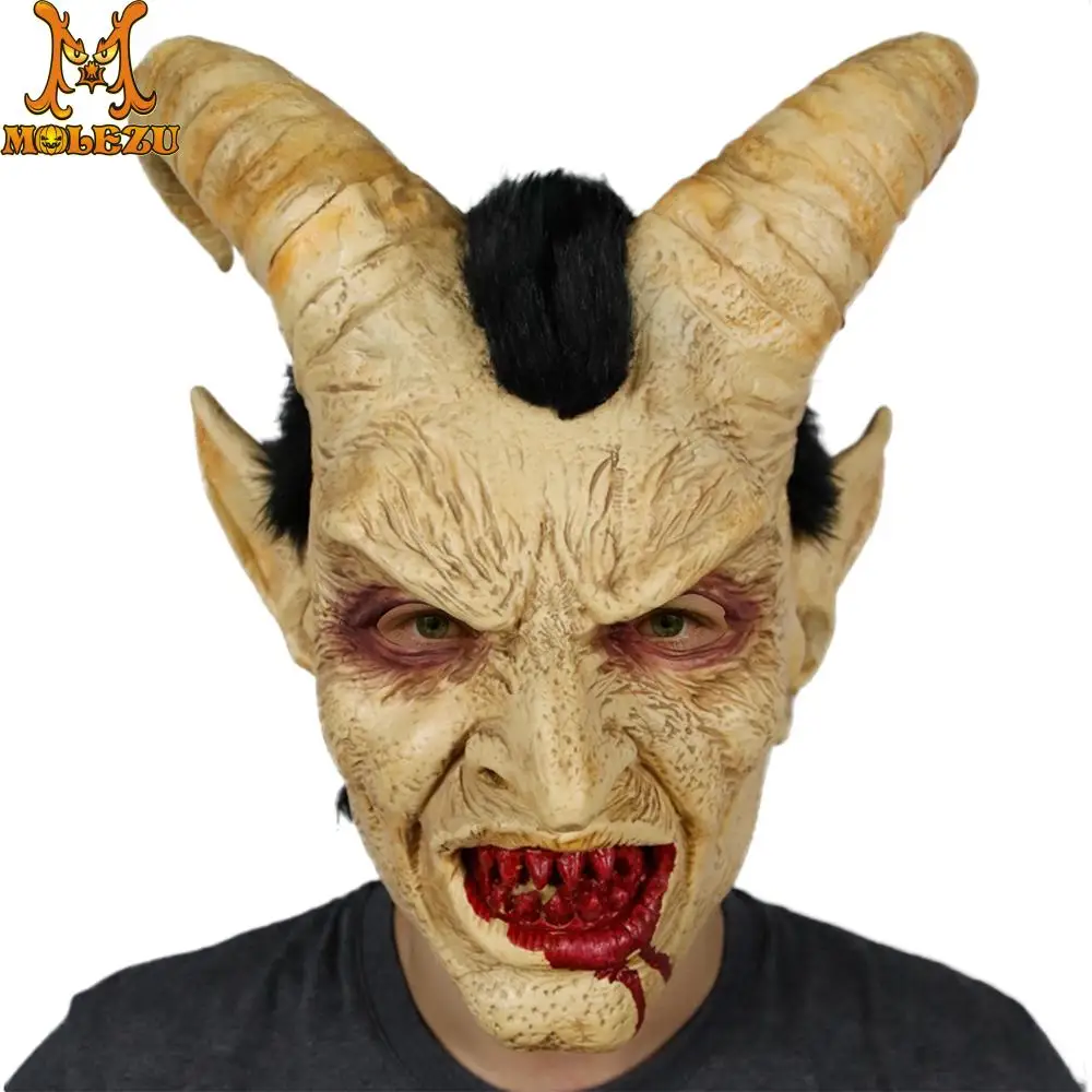 Molezu Хэллоуин пугающая маска демон дьявола Люцифера Рог латексные маски фильм