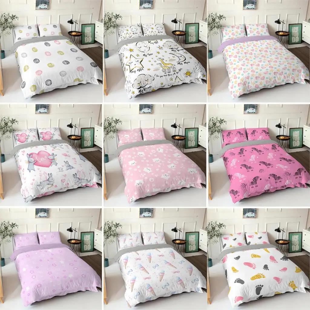 

Cartoon Rabbit Love Duvet Cover Print Pink Bedding Sets For Children Girl With Pillow Case 2/3pcs Home Textiles King Size