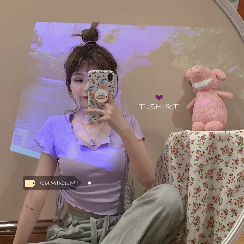 Футболка со шнуровкой и V-образным вырезом с коротким рукавом | Женская одежда