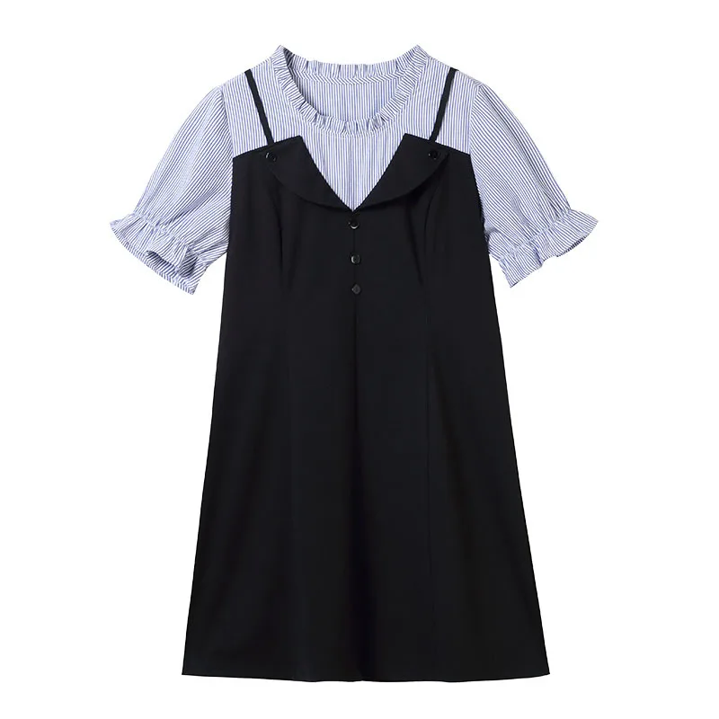 

2021 summer new temperament commuter Korean version of the fat MM fashion striped stitching fake two-piece dress 12139