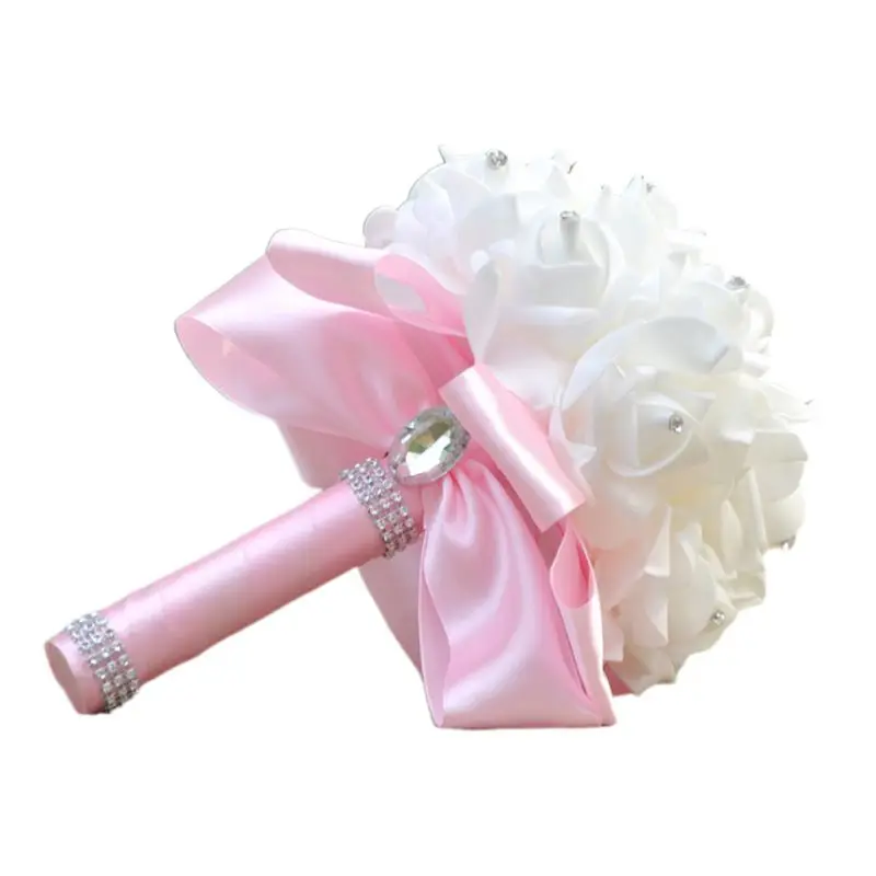 

Korean Style Wedding Bridal Bouquet Artificial Flower PE Foam Roses With Faux Crystal Rhinestone Ribbons for Party Church