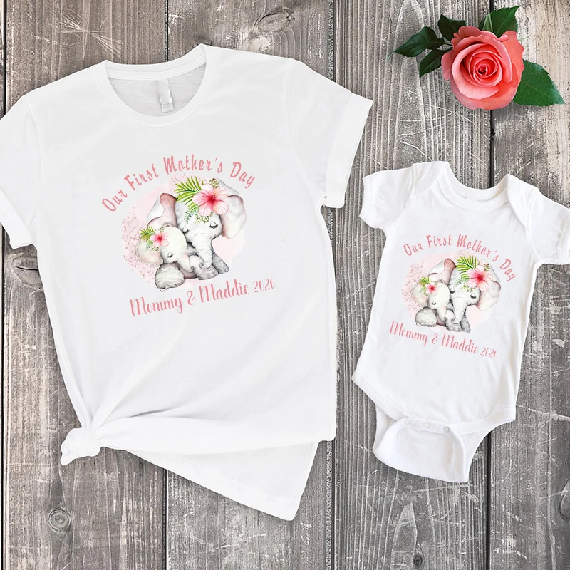 

First Mother's Day Mom and Baby Shirts Elephant Tshirts Mother and Daughter Clothes 2022 Fashion Family Look Print Cotton M