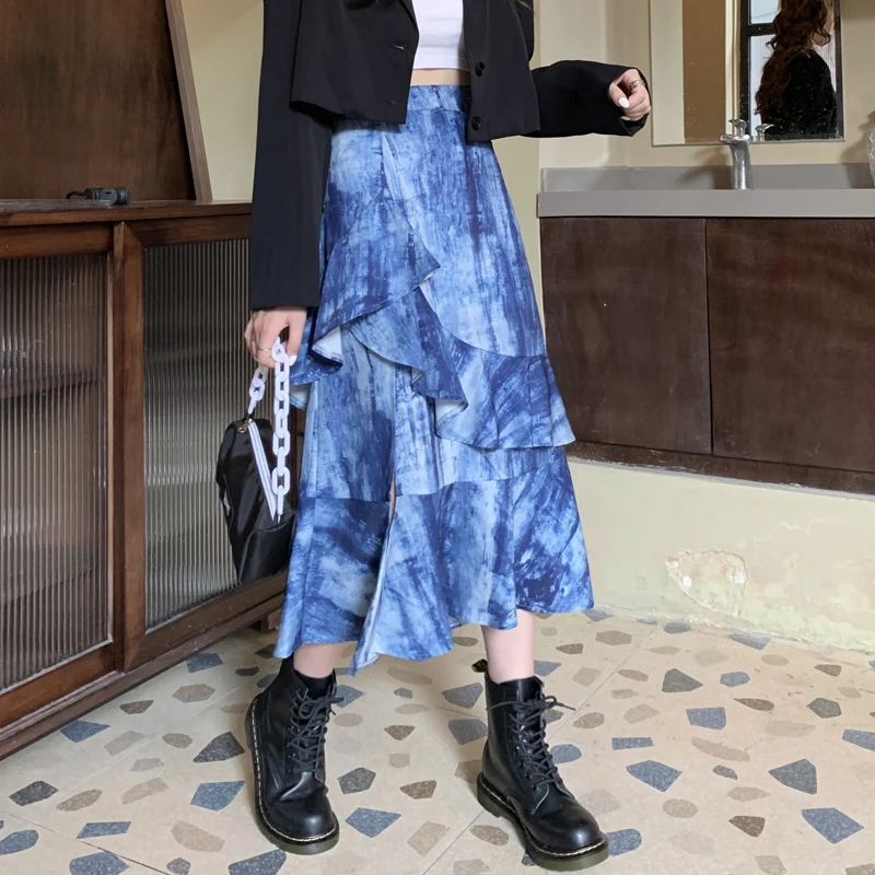 

Fashion women's autumn skirt 2020 new tie-dye irregular high waist ruffle skirt ins