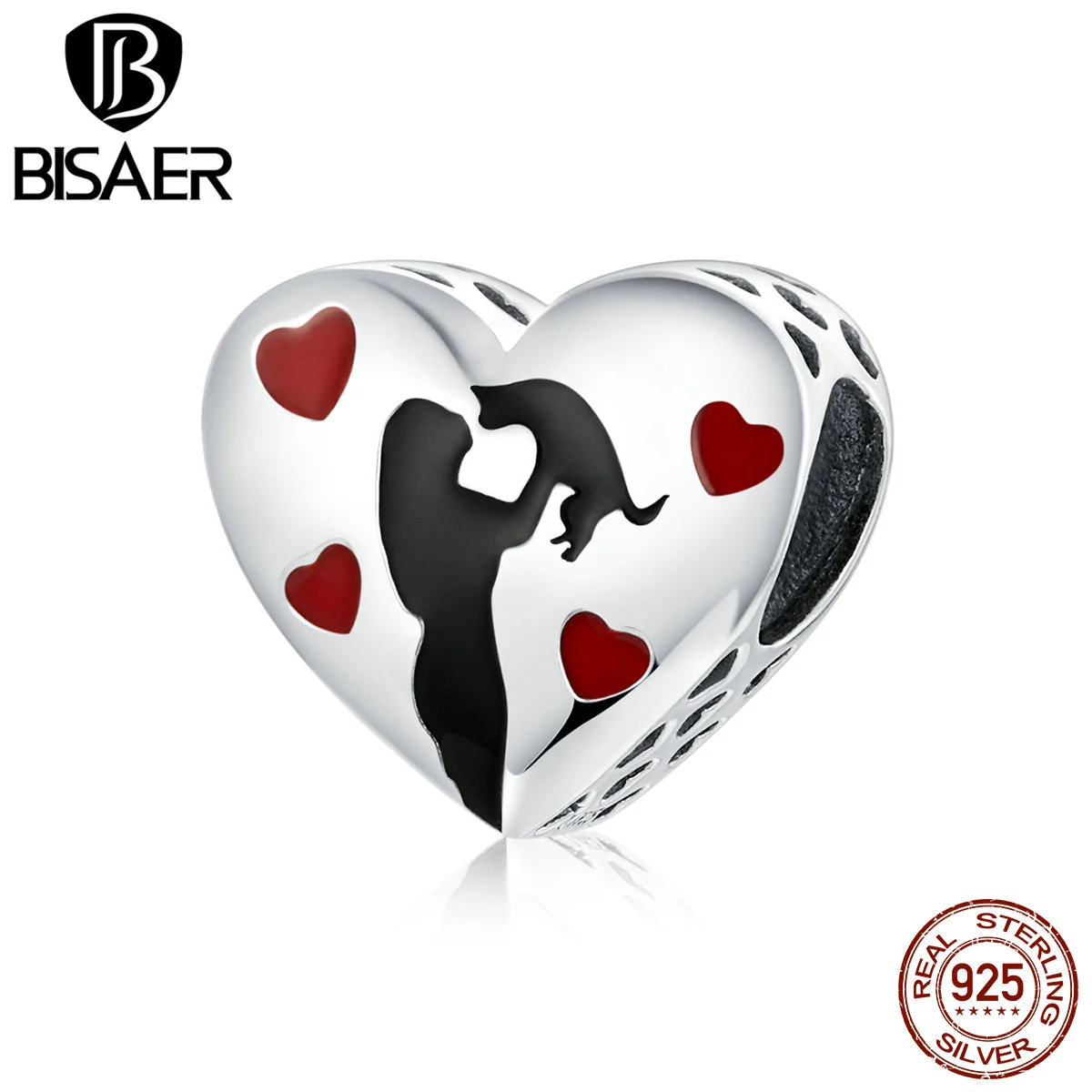 

BISAER Heart Love Cat Charms 925 Sterling Silver Animal Kitty Cat Pendant Beads Fit Bracelet Necklace Friendship Jewelry ECC1508