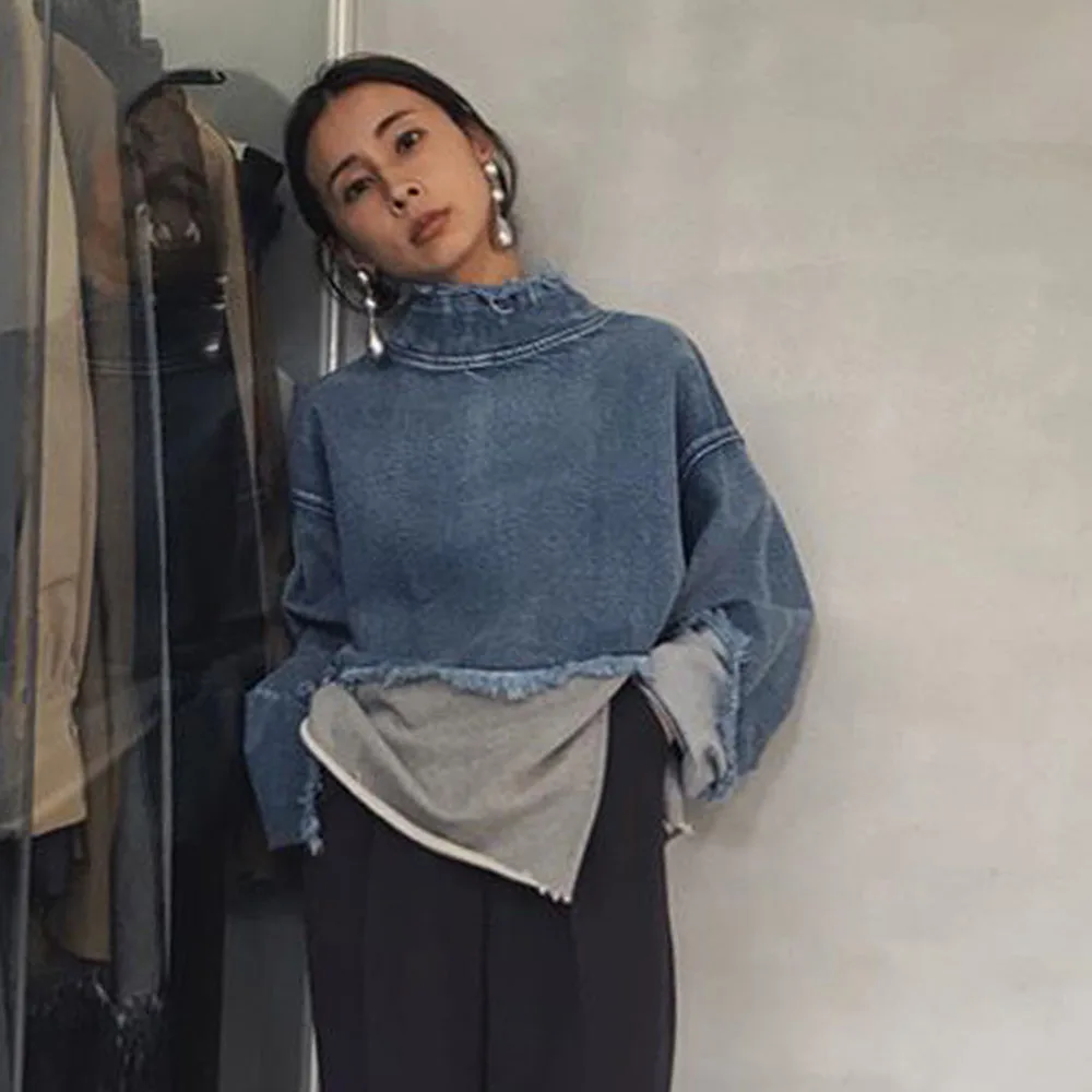 Женский джинсовый свитер с длинным рукавом свободный синий пуловер в стиле