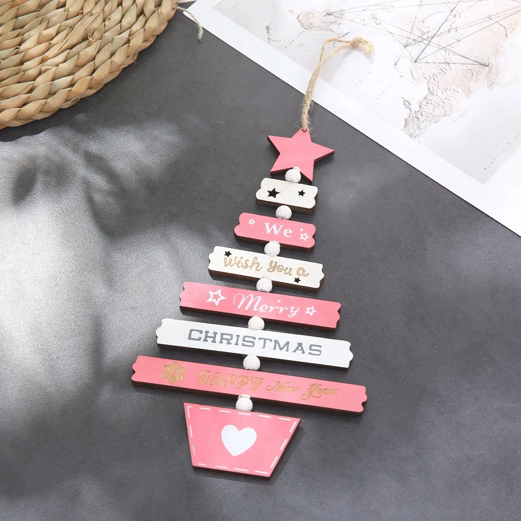Creative Painted Wooden Christmas Tree Hanging String Christmas Pendant Window Display Ornaments Xmas Party Decors Kids Gift Toy - Цвет: Style 4 Pink
