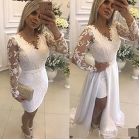 white pearls short party evening dresses with detachable skirt illusion long sleeves lace formal prom dresses for evening dress