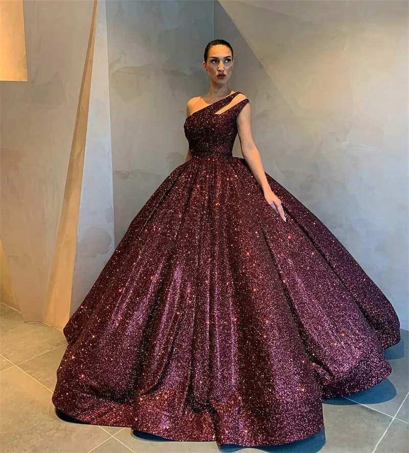 

Ball Gown Evening Dresses Burgundy Luxury Sequined One Shoulder Party Wear Celebrity Prom Gowns Plus Size Custom Made Robe