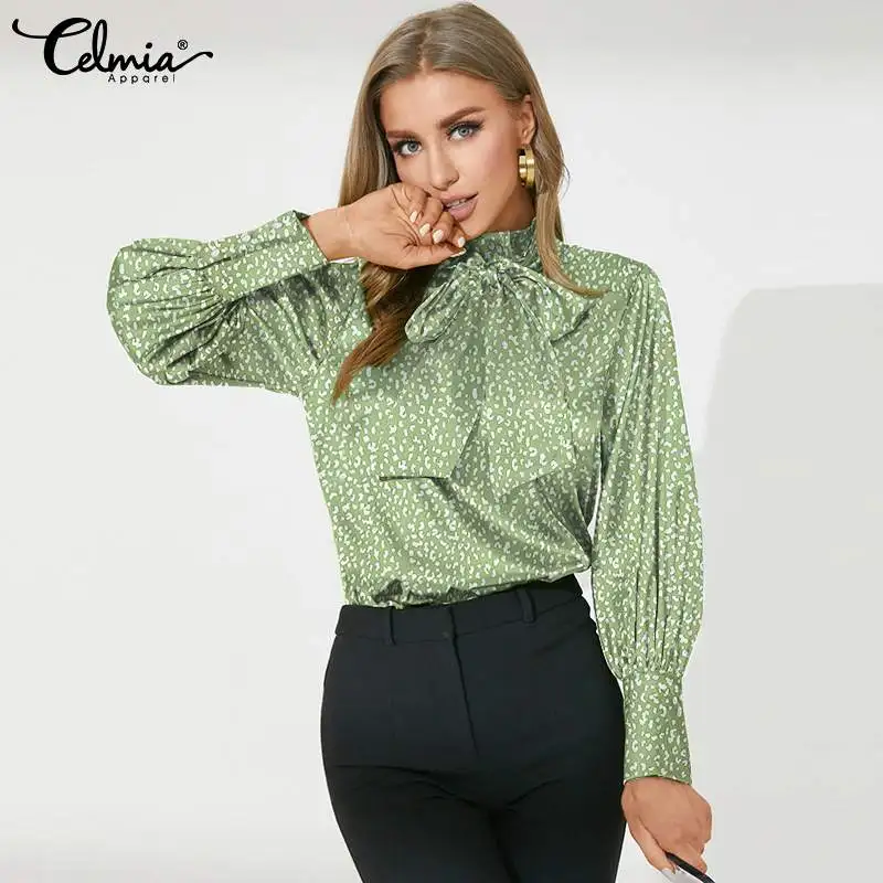 

2022 Fashion Women's Autumn Blouses Celmia Elegant Bow Tie Tunic Lantern Sleeve Printed Tops High Collor Shirt Casual Work Blusa
