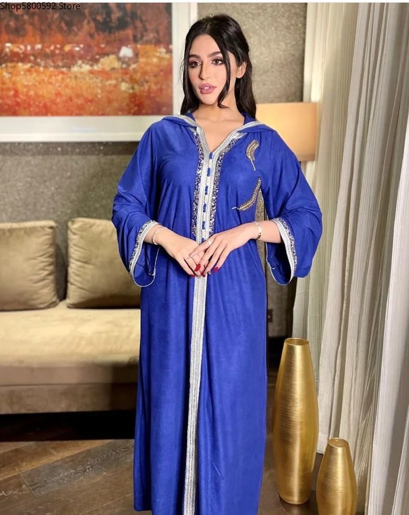 2021 Summer Fashion Style Muslim Women V-neck Long Sleeve Blue Abaya Muslim Fashion Dresses