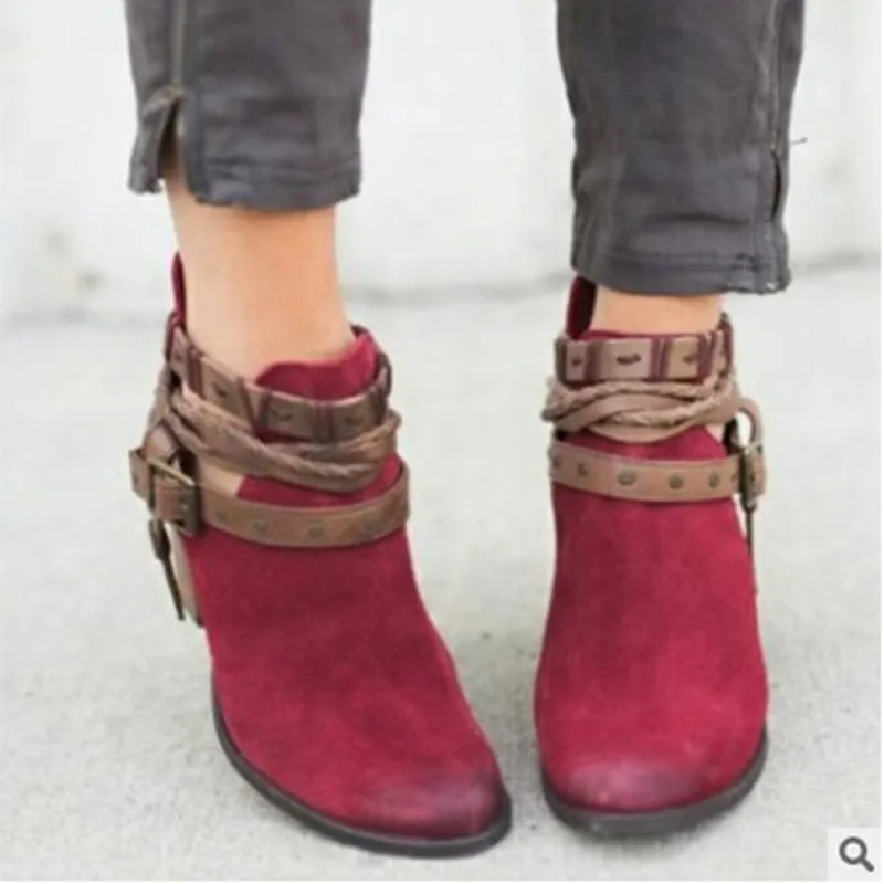 Женские ботинки с ремешком Пряжка из микрофибры модные круглым носком на среднем