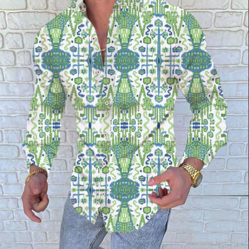

Nice Fashion Print Shirt Men Casual Slim Fit Long Sleeve Men Lapel Collar Floral Shirt Camisa Social Prom Party Shirt