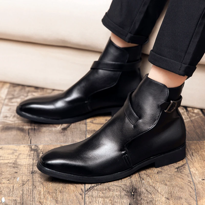 

Brand Spring Autumn 2020 Jodhpur Boots Men's Daily Casual British Style Pointed Ankle Hight Cut Buckle Strap Black Solid Shoes