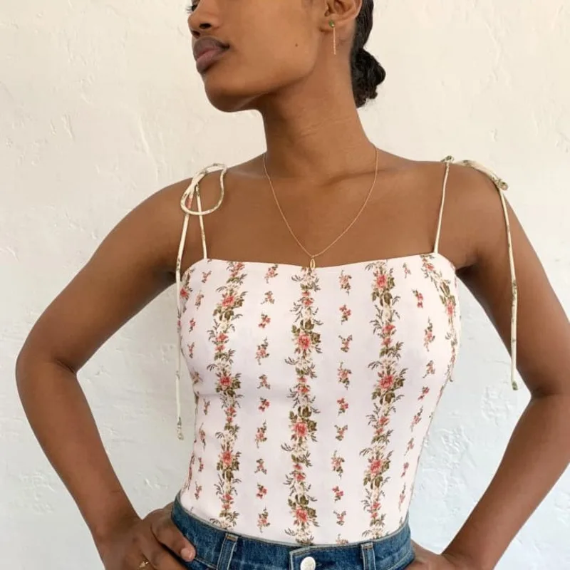 

2021 Adjust Tie Bow Strap Striped Floral Print Camis Women Summer Tanks Retro Girl Sexy Slim Chiffon Crop Top Short Tees A536