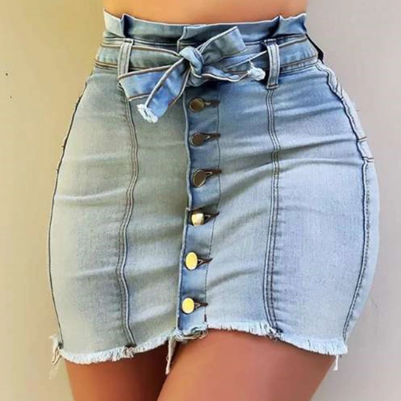

Women's Sexy Button Skinny Denim Skirts Casual Solid Color Mini Skirts Ladies Lace-up Slim Empire Upskirt Mujer