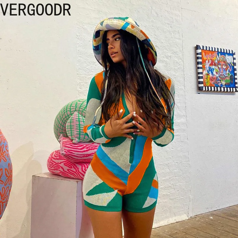 

Vergoodr Color-blocking Women Jumpsuits Slim V-neck Single-breasted Long-sleeved Woolen One-piece Sports Shorts Bodysuits