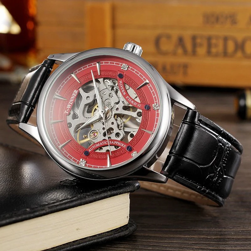 hot selling fashion men mechanical watch winner top brand luxury casual leather wristband hollow dial design waterproof watches free global shipping