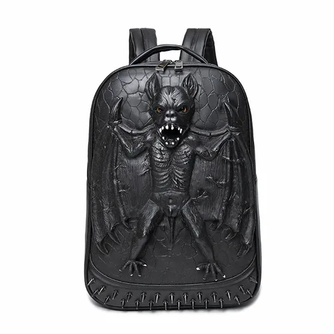 Кожаный рюкзак JIEROTYX для мужчин и женщин, модная сумка для ноутбука с 3D рюкзак-летучая мышь, крутая дорожная сумка, школьный портфель в стиле панк с заклепками для Хэллоуина