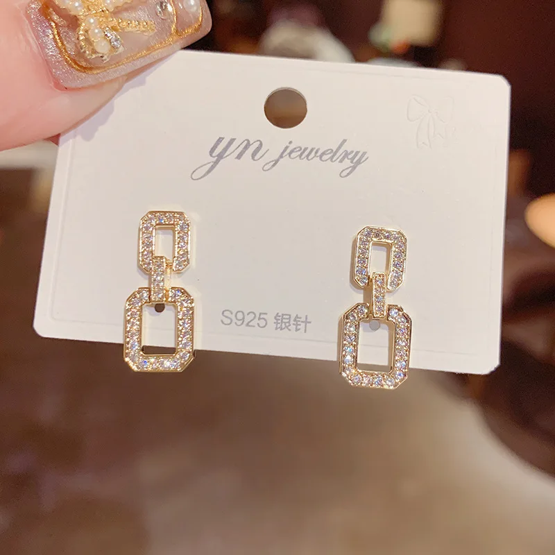 

Luxury 14K Real Gold Simple Needle Zircon Square Personality Stud Earrings for Women Cubic Zircon ZC Earrings