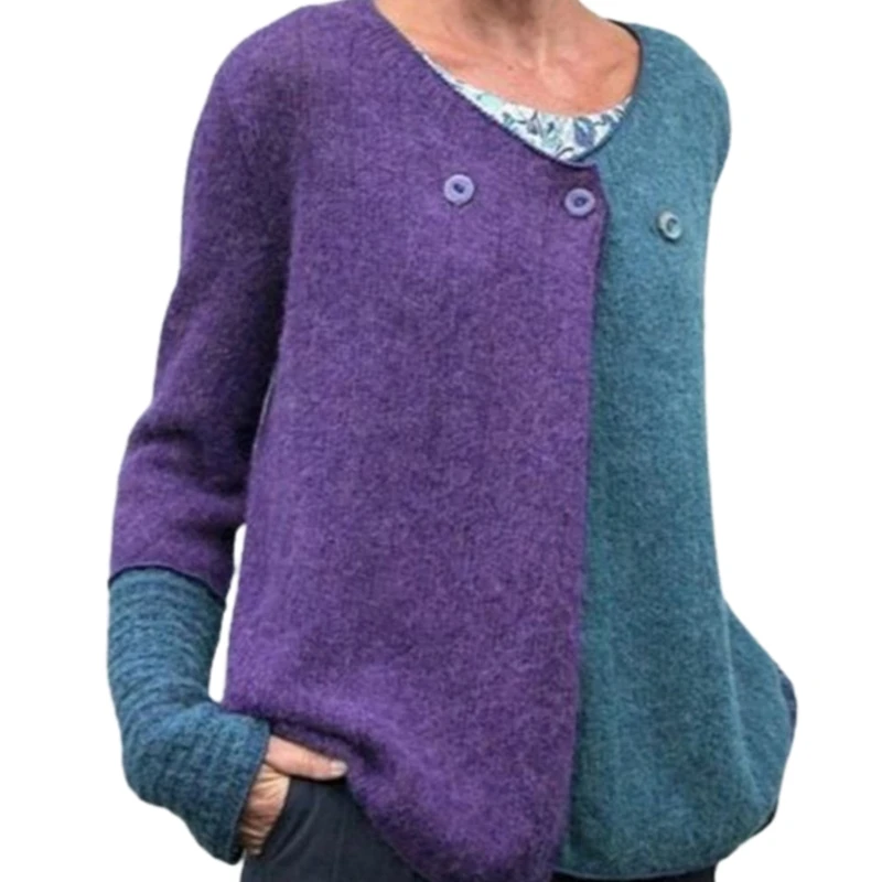 

Women Autumn Long Sleeve Knitted Color Block Patchwork V-Neck Sweater Coat Button Split Open Front Loose Jumper