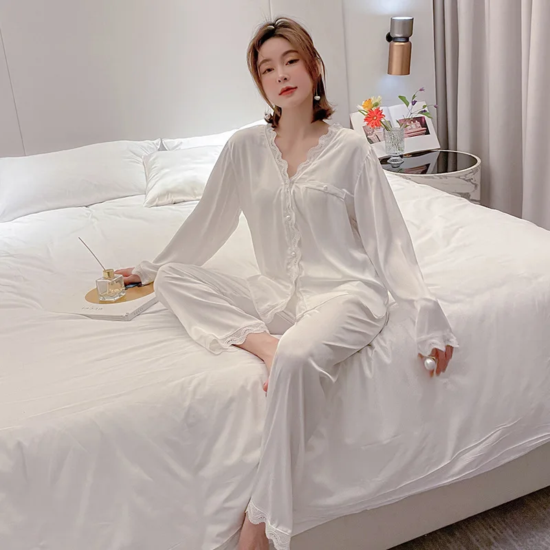 Ice Silk Pajamas Women's Spring And Autumn Silk Long Sleeve Two-piece Suit Cardigan Lace Pyjamas