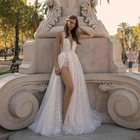 Свадебное платье-трапеция в стиле бохо, с блестящими кружевами, на тонких бретелях, с разрезом сбоку, элегантное пляжное платье невесты, 2021