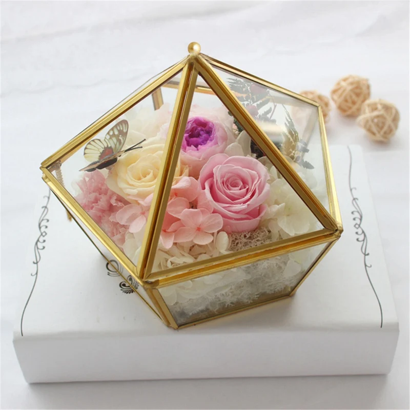 

Glass Ring Box Wedding Jewelry Case Immortal Flower Glass Cover Creative Home Decoration