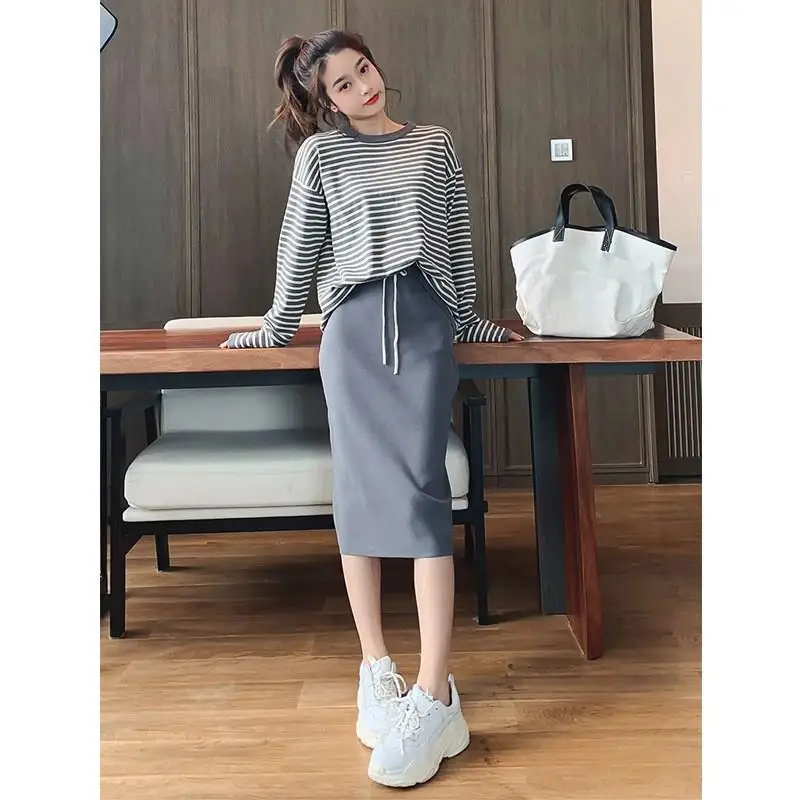 Винтажный пуловер свитер юбка карандаш Женский комплект 2 шт. Топы в полоску миди