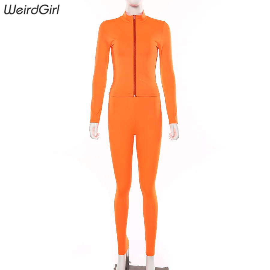 Weirdgirl/женские комплекты из двух предметов для фитнеса; толстовки на молнии с длинными рукавами; однотонный топ с высокой талией; эластичные леггинсы; Новинка осени
