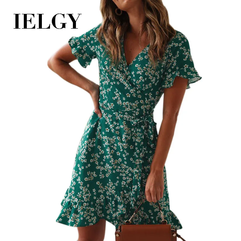 Платье женское с коротким рукавом v образным вырезом и высокой талией|Женские