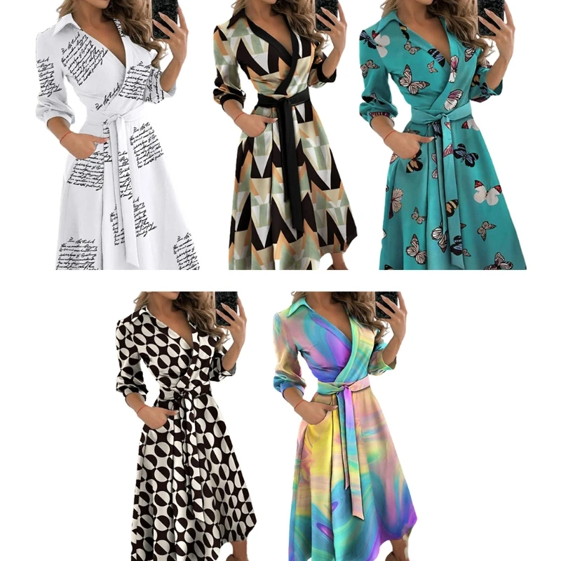 

Women 3/4 Puff Sleeve Sexy Lapel Faux Wrap V-Neck Long Dress Letters Print Belted High Waist Pockets Pleated Flowy Dress