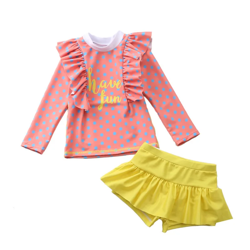 

Children Swimsuit Two Pieces Long Sleeve Rashguard + Skirted Swimming Trunks Set UV Protection Checkered Dots Bathing Suit Child