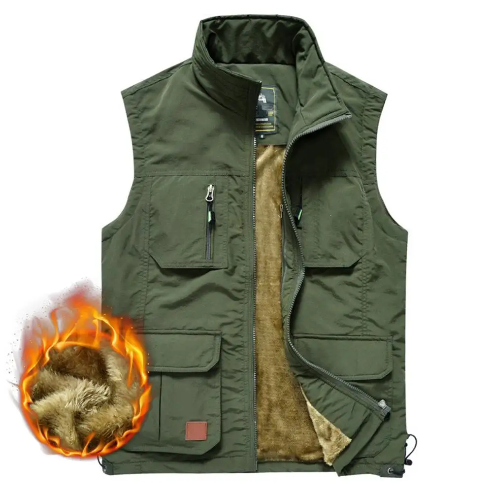 Зимний мужской флисовый теплый жилет с множеством карманов осенний повседневный