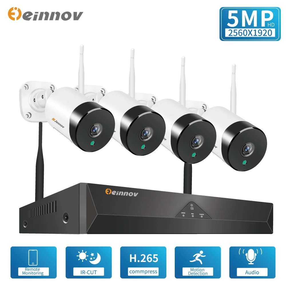 

Einnov Wifi Security Camera System 5MP Video Surveillance Wifi Outdoor 4CH Wireless CCTV NVR Kit Audio Set H.264+ HD IR LEDs 2TB