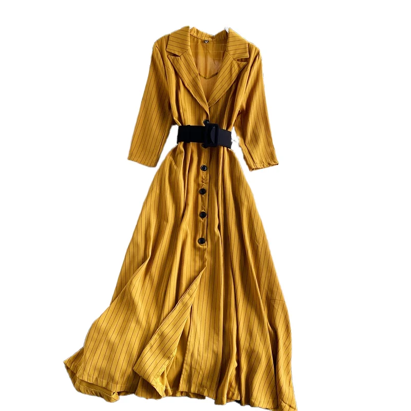 

New Spring Autumn Women Notched Neck Three Quarter Sleeve Belt Slim Long Dress Fashion Single-breasted Striped Dress