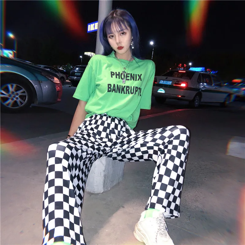 

2020 Korea bf street hip hop new plaid pants fun female personality large size Vintage checkerboard print couple full pants