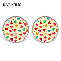 karairis fashion colorful heart earrings art picture glass cabochon stud earrings handicrafts gift for lovers jewelry