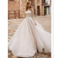turkey istanbul 2019 ball gown wedding dresses long sleeves boat lace appliques neckline long train wedding dress