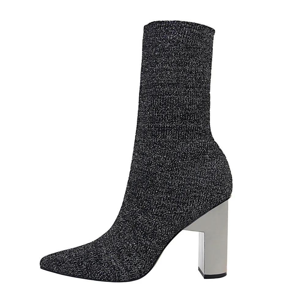 2020 Для женщин фетиш стрейч Вязание ботинки со стельками металлический блок 9 5 см