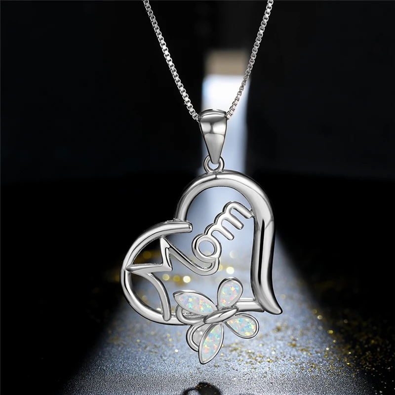 

Charm Female Blue Opal Pendant Necklace Rose Gold Silver Color Chain Necklaces For Women Cute Heart Butterfly Mother's Day Gift
