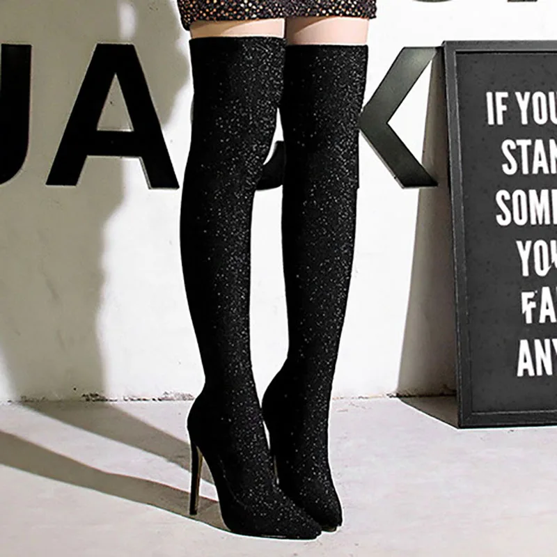 

Sexy Women Thigh High Boots Glitter Over Knee Pointed Toe Thin Heels Ladies Stiletto Party Black Silver Slim Shiny Female Shoes