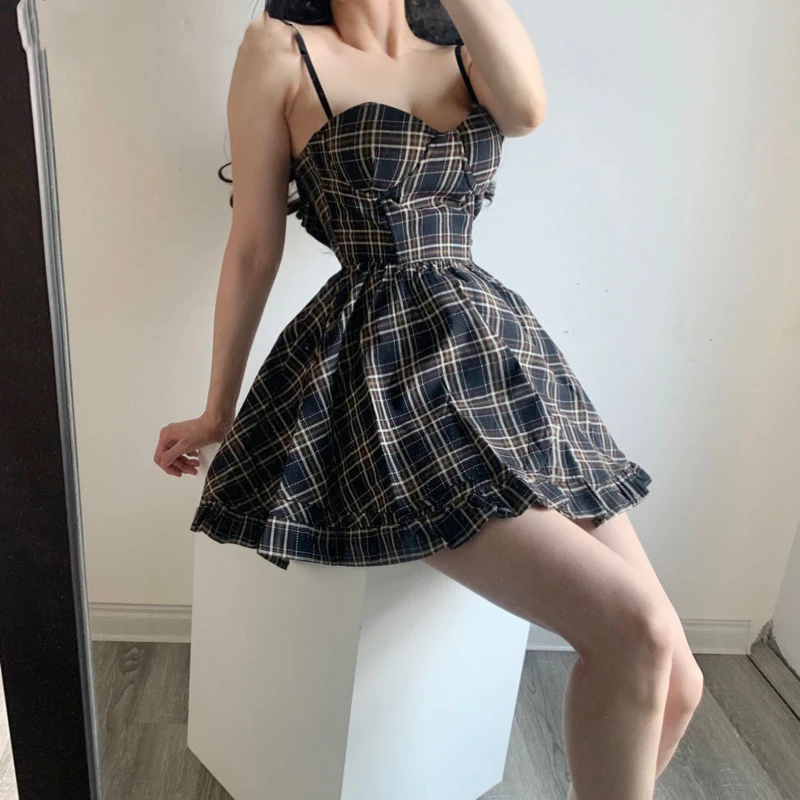 

2021 Summer New Women's Wear European Retro Check Sling Puffy Dress Sleeveless Plaid Vintage Womens Dresses Girl Female E194