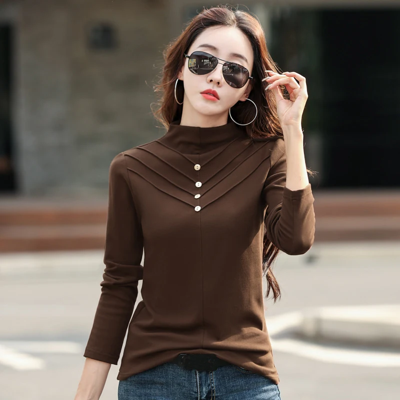 

Long Sleeve Top T Shirt Women Turtleneck Thick Warm Cotton T-Shirts Korean Style Tshirt Winter Clothes Tee Shirt Femme Camisetas