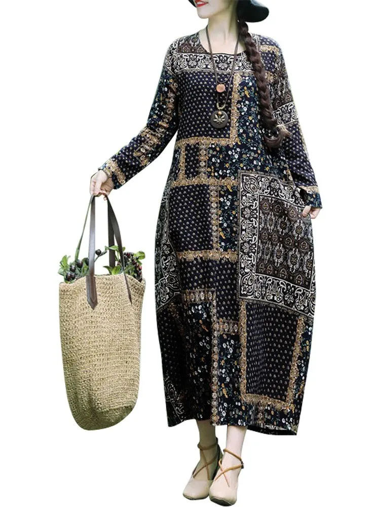 Женское хлопковое льняное платье винтажное Цветочное с круглым вырезом и