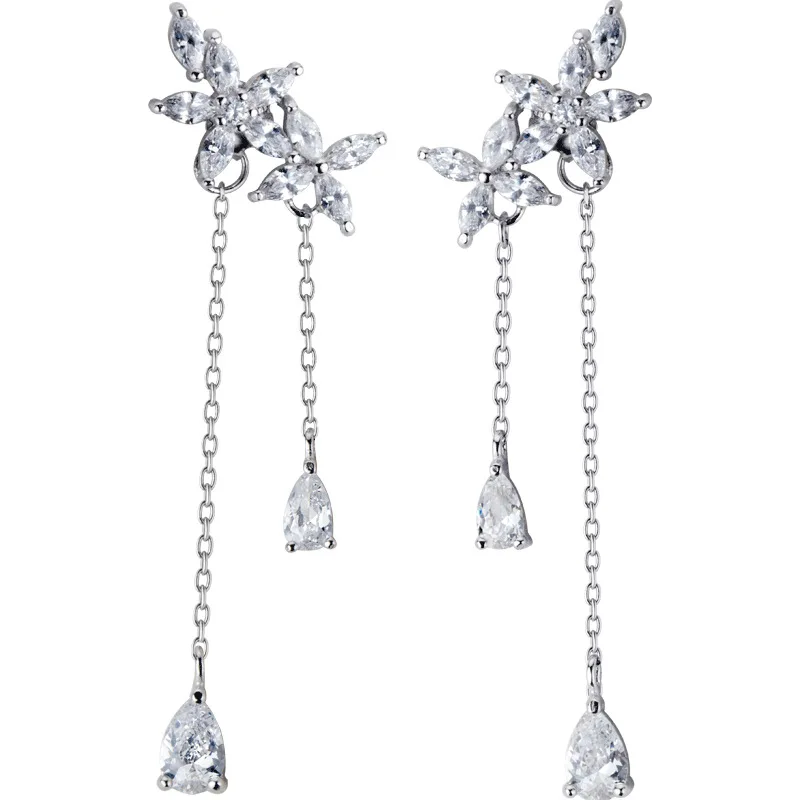 

XMD Real 925 Sterling Silver Flower Zircon Waterdrop Dangle Drop Earrings for Women Elegant Tassel Fashion Jewelry
