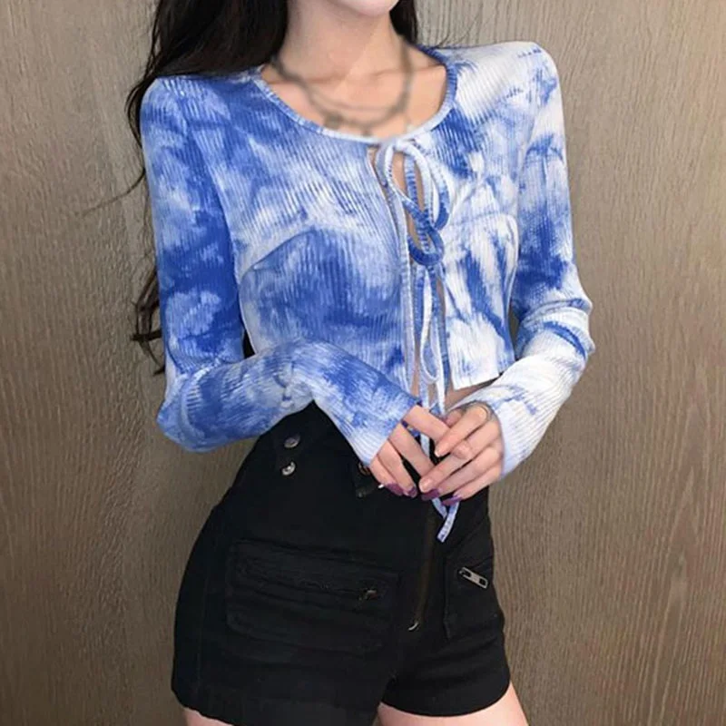 

Jlong Summer Sexy Lace Up T Shirt Korean Women Tie-dye Long Sleeve T Shirts