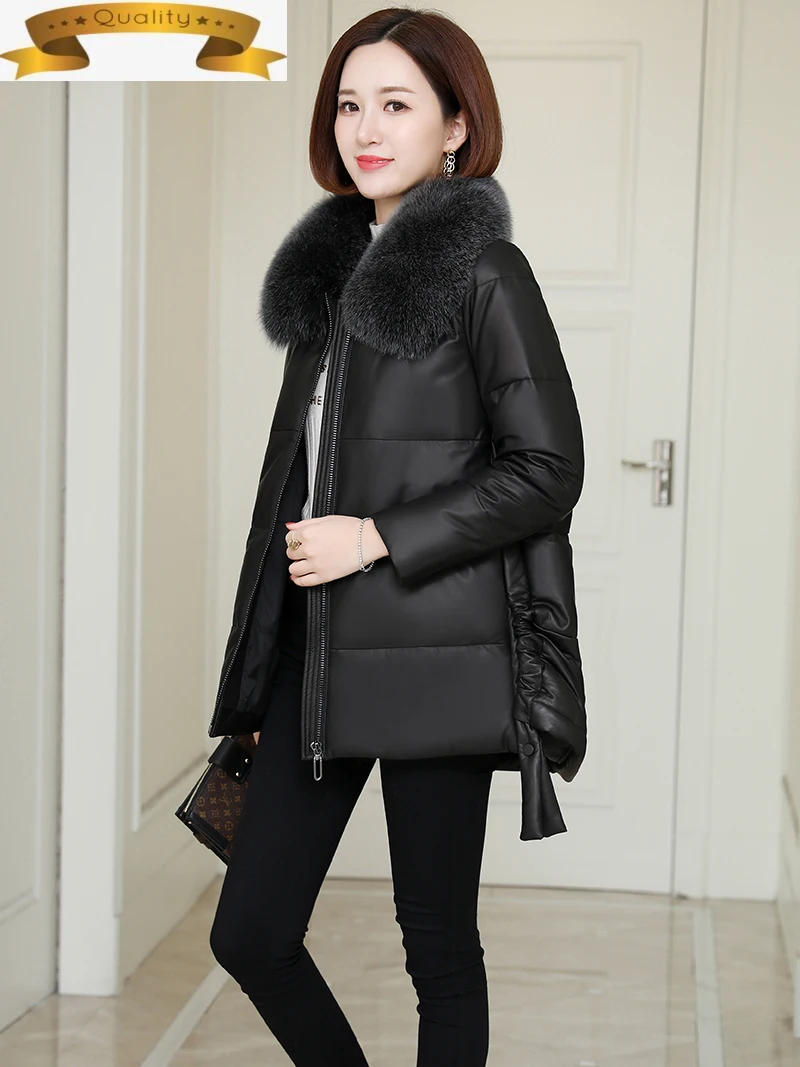 

Coat Real Women's Sheepskin Leather Jacket Fox Fur Collar Coats and Jackets Women 10% White Duck Down Jacket Women Cuero Genuino