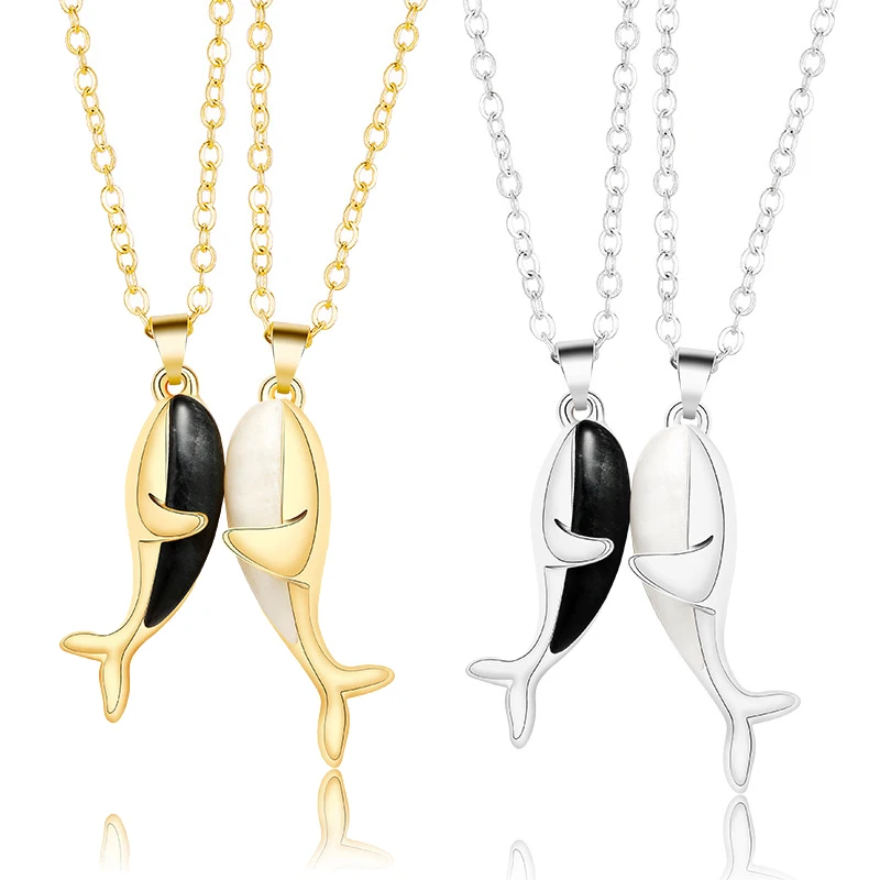 

2Pcs/Lot Magnetic Couple Necklace Friendship Whale Hug Pendant Distance Faceted Charm Necklace Women Valentine's Day Gift 2021